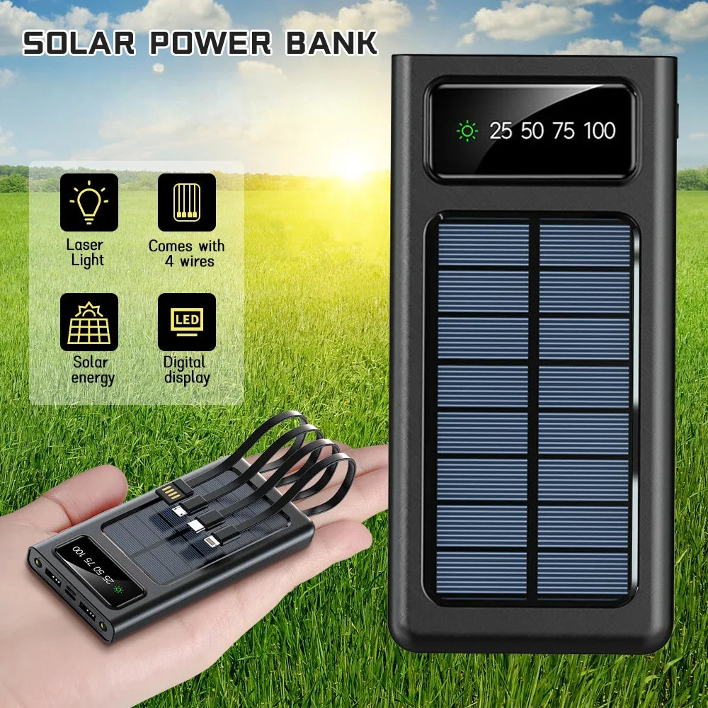 200000mAh Solar Power Bank 4-USB Cable Portable Charger Ultra-Large Capacity Mobile Power Suitable For Samsung Apple Huawei