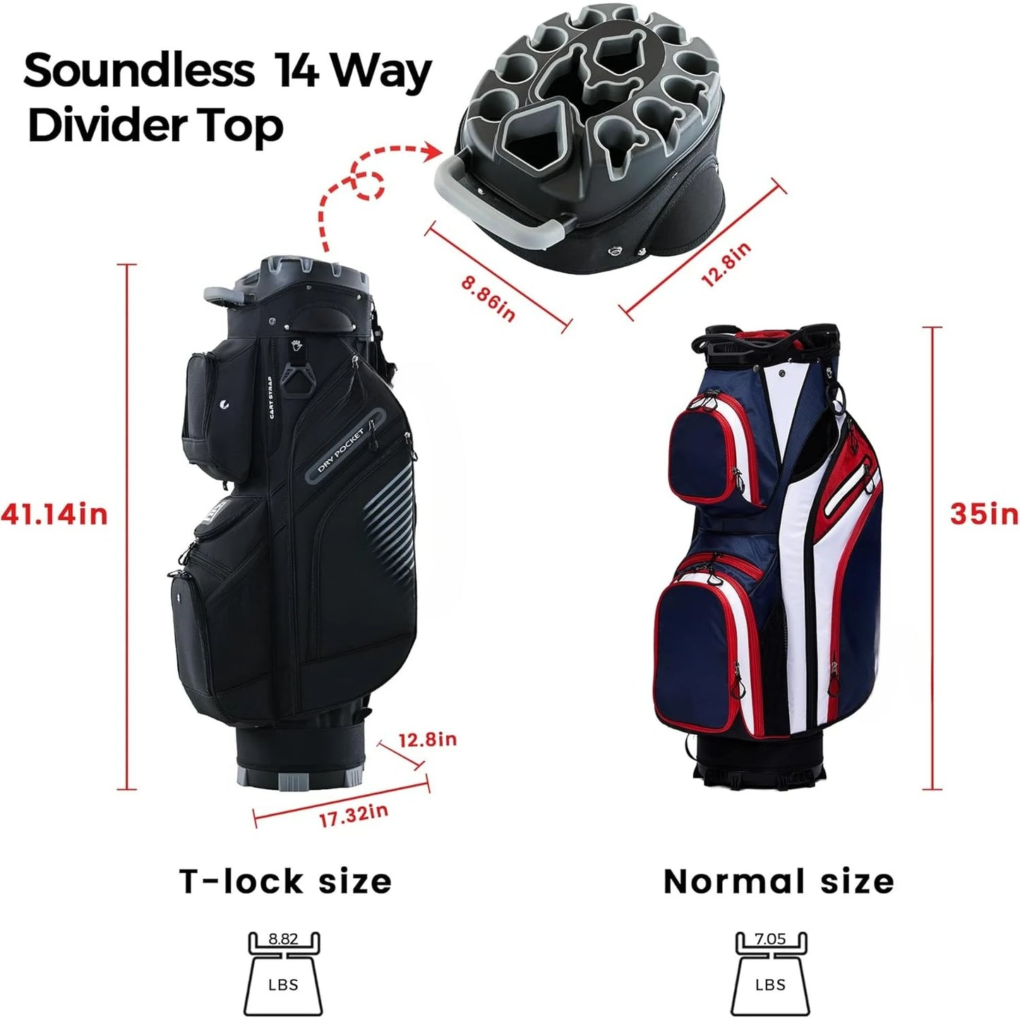 2024 T-Lock Golf Cart Bag with 14 Way Organizer Divider Top, Premium Cart Bag with Handles and Rain Cover, for Men