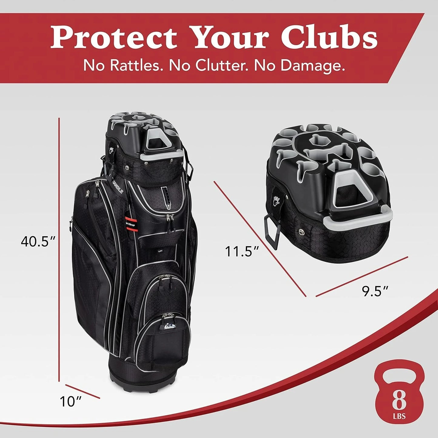 3rdGeneration Club Lock Organizer Golf Cart Bag with 14 Way Anti Rattle Divider Top- Free Snap On Rain Hood-Full Length Dividers