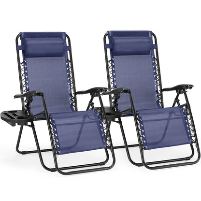 JHK Zero Gravity Set of 2 Portable Recliner Camping Patio Outdoor Garden Lounge Chair with Cup Holder Trays Adjustable Pillow