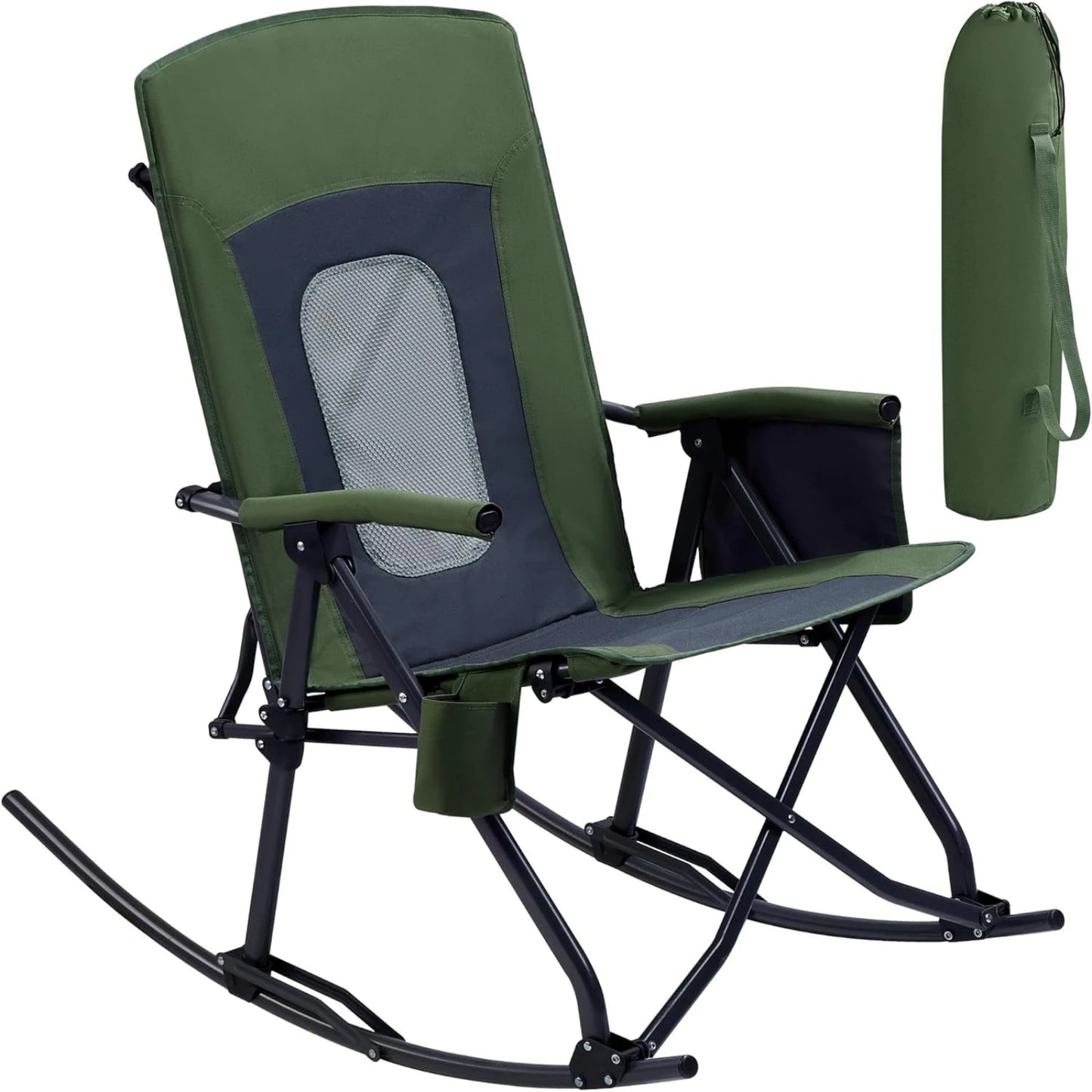 US Oversized Folding Rocking Camping Chair Portable Outdoor Rocker with High Back Hard Armrests Carry Bag, Supports 400 lbs