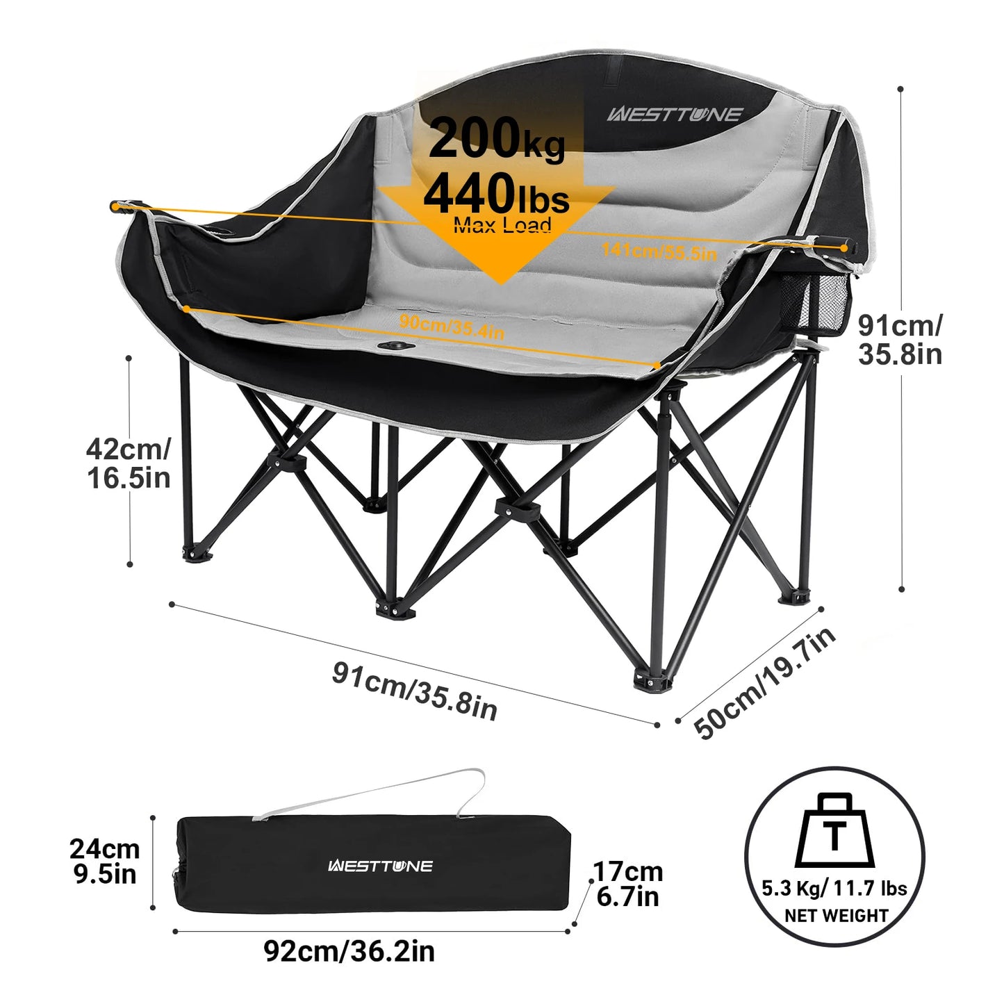 WESTTUNE Oversized Outdoor Couch Double Camping Chair Heavy Duty Outdoor Garden Folding Chair with Cup Holder Support 440 lbs