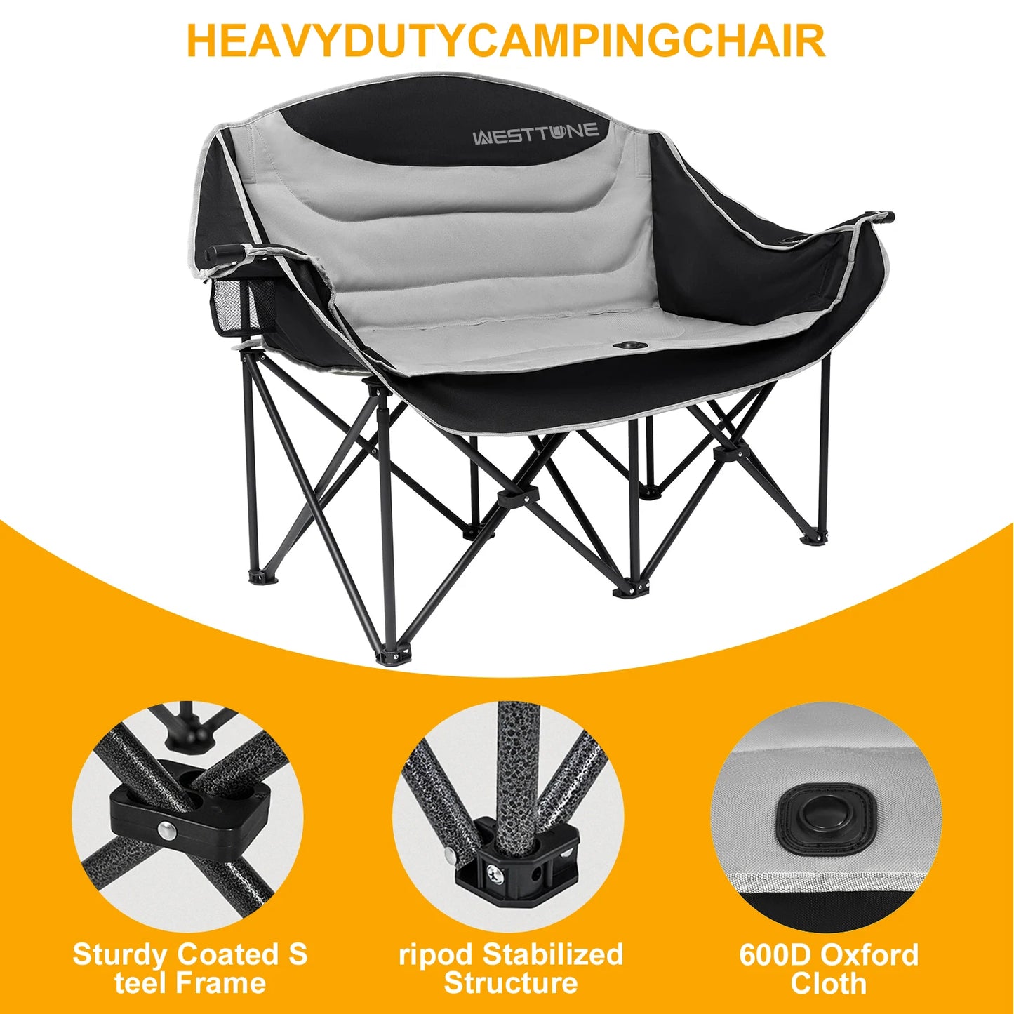 WESTTUNE Oversized Outdoor Couch Double Camping Chair Heavy Duty Outdoor Garden Folding Chair with Cup Holder Support 440 lbs