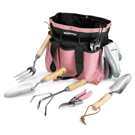 WORKPRO 8-Piece Pink Garden Tool Set, Stainless Steel Gardening Tools with Wood Handle, Including Garden Tote, Gloves, Trowel