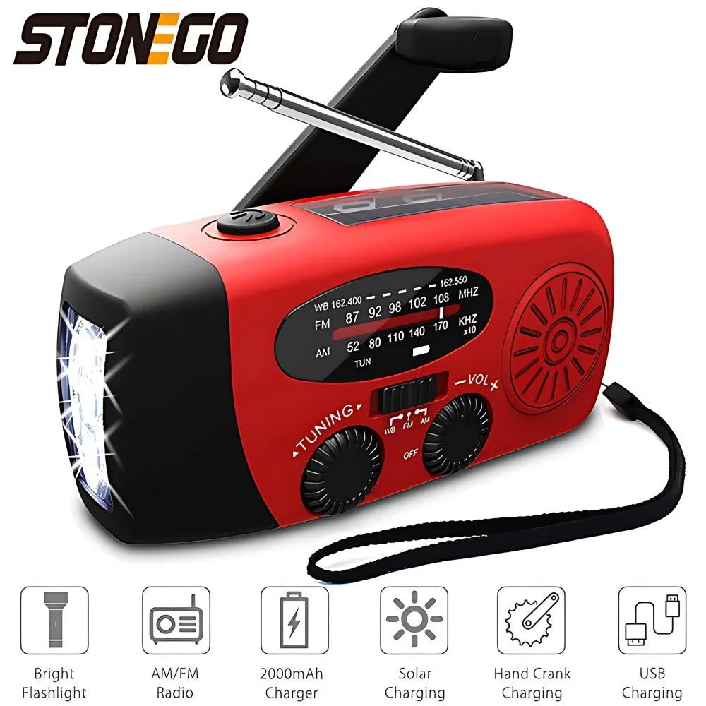 STONEGOE Mergency Radio Solar Power Hand Crank Radio FM AM WB NOAA Weather Radio with LED Flashlight SOS Alarm 2000mAh