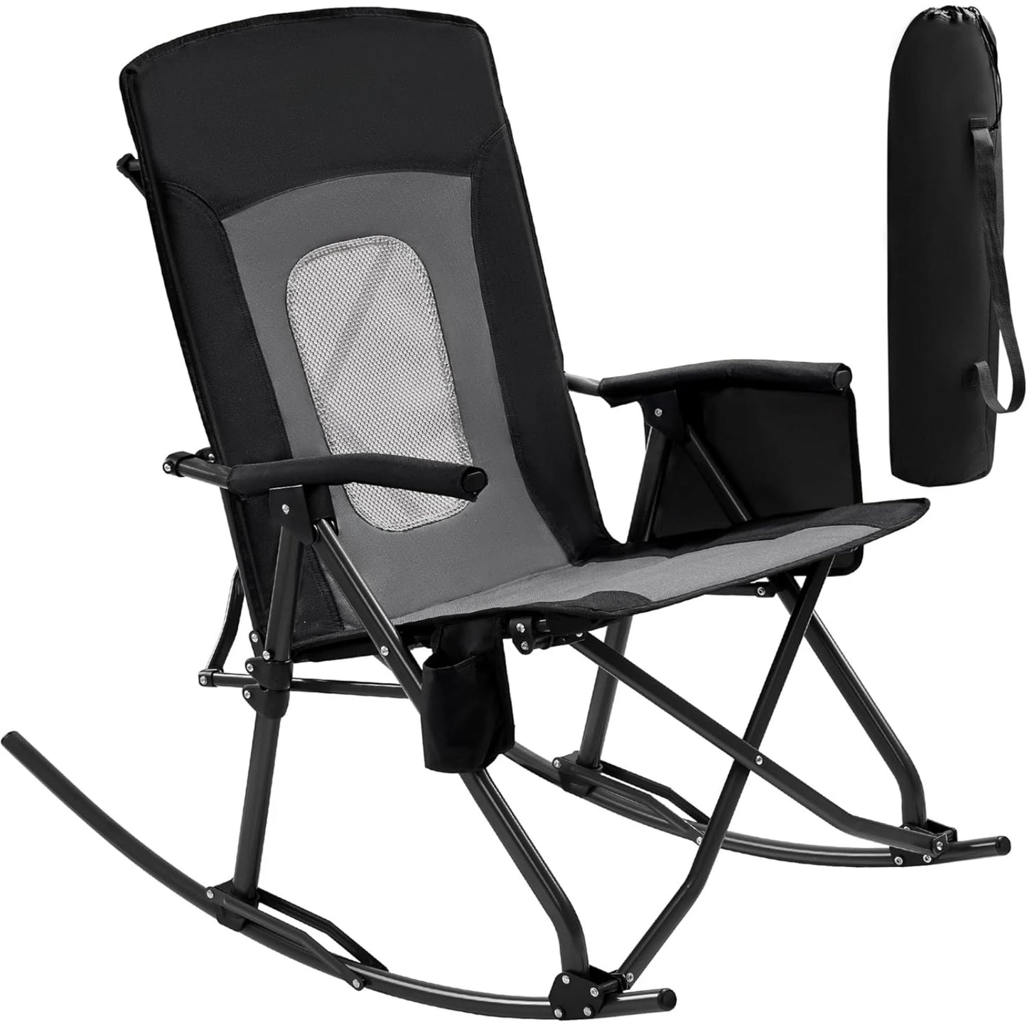 US Oversized Folding Rocking Camping Chair Portable Outdoor Rocker with High Back Hard Armrests Carry Bag, Supports 400 lbs