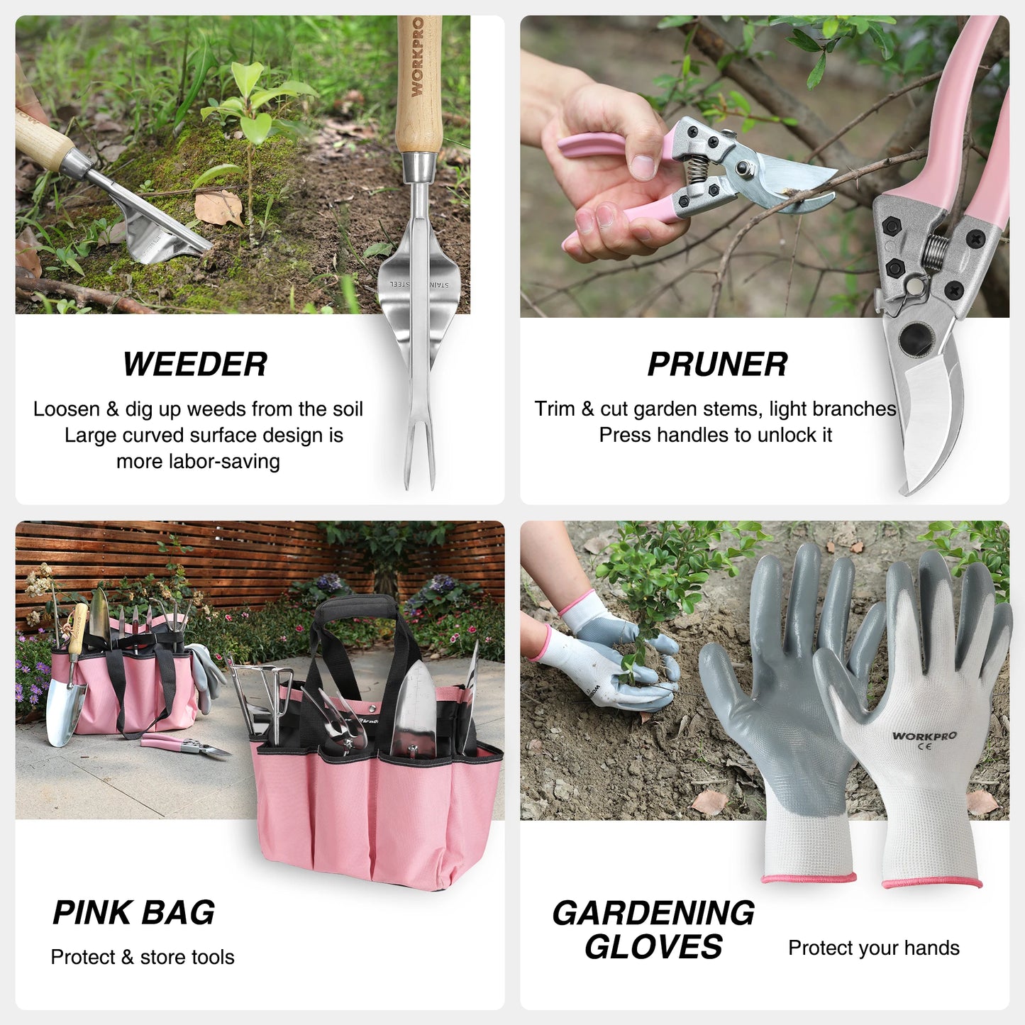 WORKPRO 8-Piece Pink Garden Tool Set, Stainless Steel Gardening Tools with Wood Handle, Including Garden Tote, Gloves, Trowel