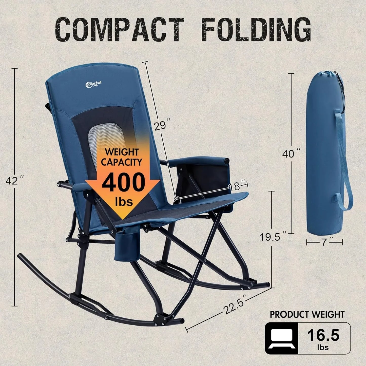 US Oversized Folding Rocking Camping Chair Portable Outdoor Rocker with High Back Hard Armrests Carry Bag, Supports 400 lbs