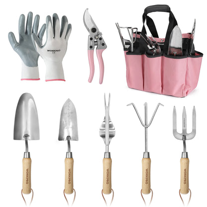 WORKPRO 8-Piece Pink Garden Tool Set, Stainless Steel Gardening Tools with Wood Handle, Including Garden Tote, Gloves, Trowel