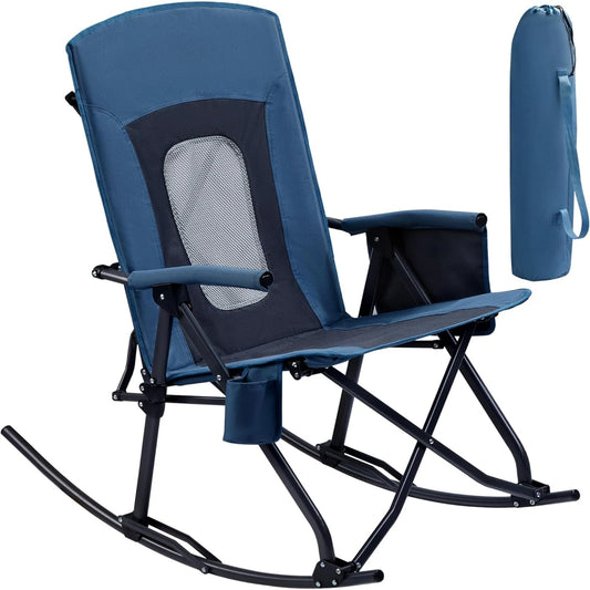 US Oversized Folding Rocking Camping Chair Portable Outdoor Rocker with High Back Hard Armrests Carry Bag, Supports 400 lbs