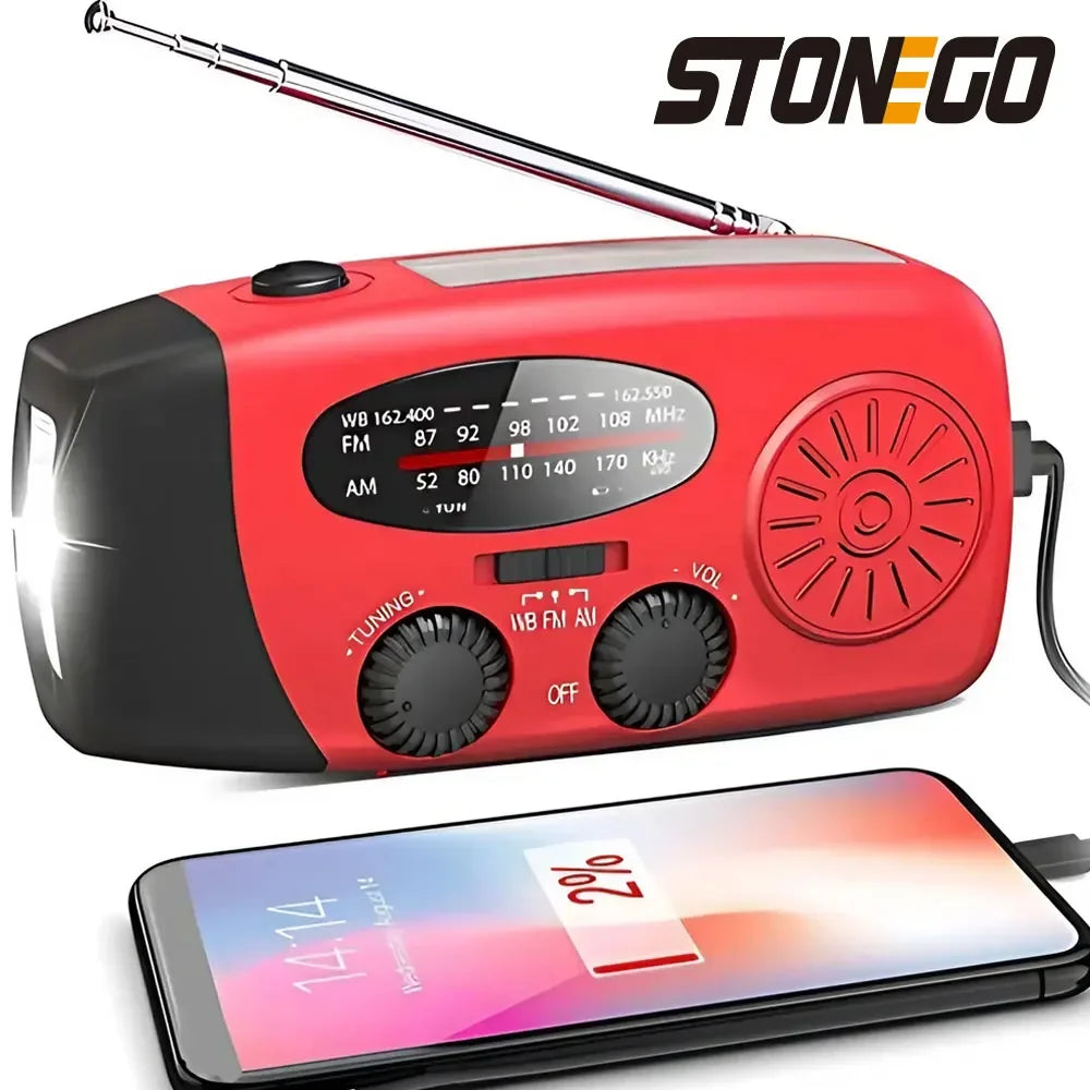 STONEGOE Mergency Radio Solar Power Hand Crank Radio FM AM WB NOAA Weather Radio with LED Flashlight SOS Alarm 2000mAh