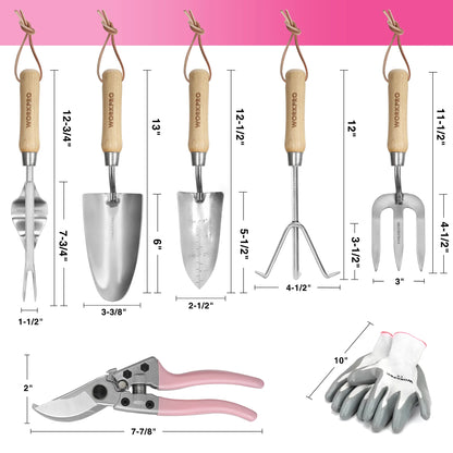 WORKPRO 8-Piece Pink Garden Tool Set, Stainless Steel Gardening Tools with Wood Handle, Including Garden Tote, Gloves, Trowel