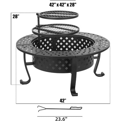 42 Inch Fire Pit with 2 BBQ Grills, Wood Burning Fire Pits for Outside with Lid & Fire Poker, BBQ& Outdoor Firepit & Round Metal